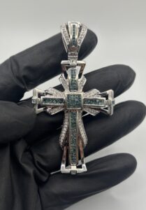 14KT White Gold Natural and Blue Diamond Cross