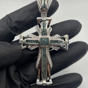 14KT White Gold Natural and Blue Diamond Cross