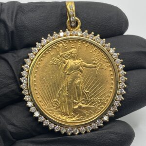 14KT Yellow Gold Bezel with $20 Saint Gaudens and 2.0 CT Diamond Bezel