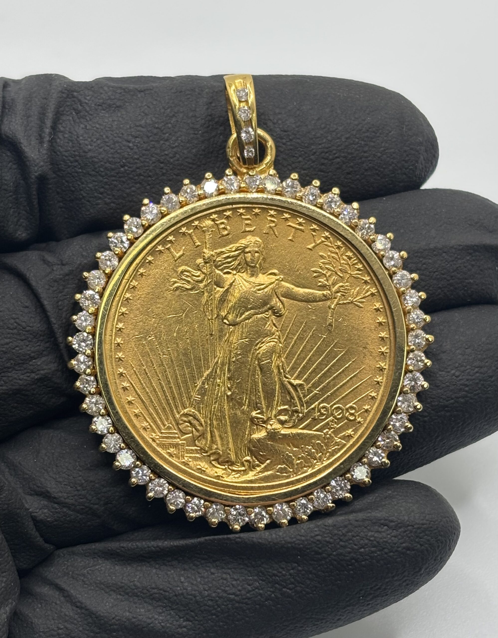 14KT Yellow Gold Bezel with $20 Saint Gaudens and 2.0 CT Diamond Bezel