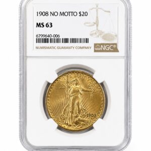 1908 $20 St Gaudens Gold Double Eagle No Motto MS-63 NGC